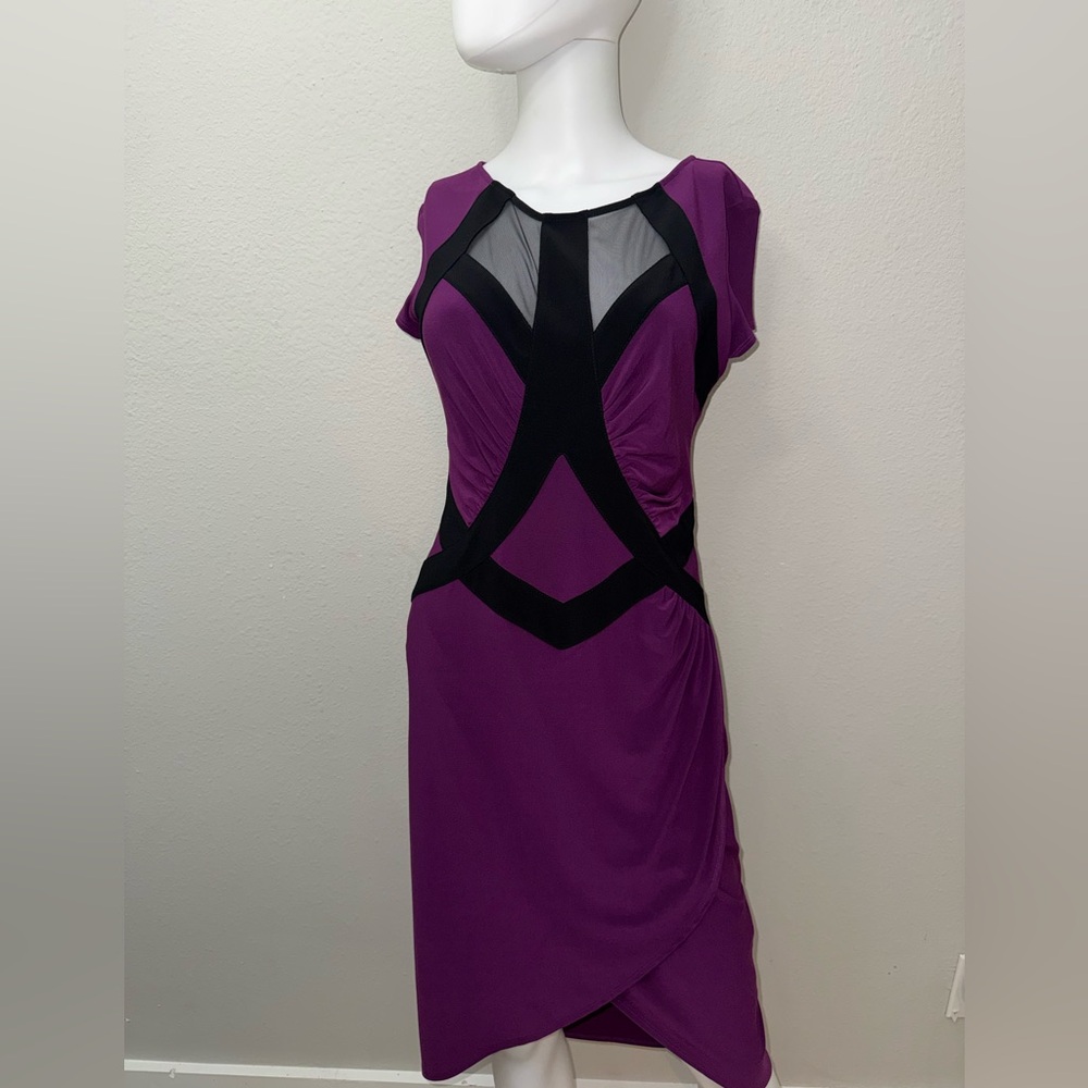 Joseph Ribkoff Purple and Black Mesh Overlay Sheath Dress